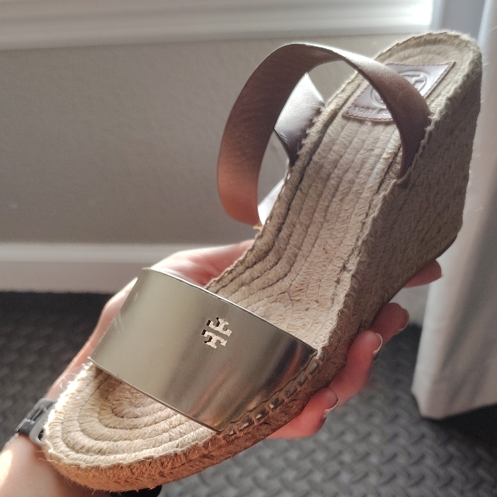 Tory Burch Brown Leather and Metallic Espadrille Sandals - Picture 4 of 4
